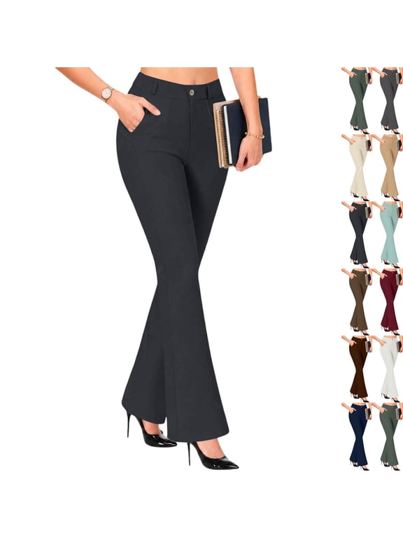 Women's Yoga Dress Pants Casual Straight Leg Work Slacks Stretchy High Waisted Trousers Plus Size Business Clothes Black L