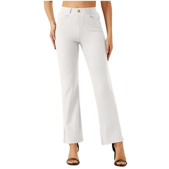 Women's Yoga Dress Straight Leg Pants, Stretchy Work Office Trousers, Belt Loops Casual 4 Pockets