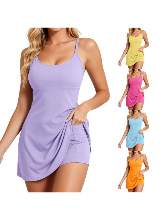 Women's Yoga Dress with Built In Shorts Liner, Detachable Padding Pocketed Inner Dress Workout