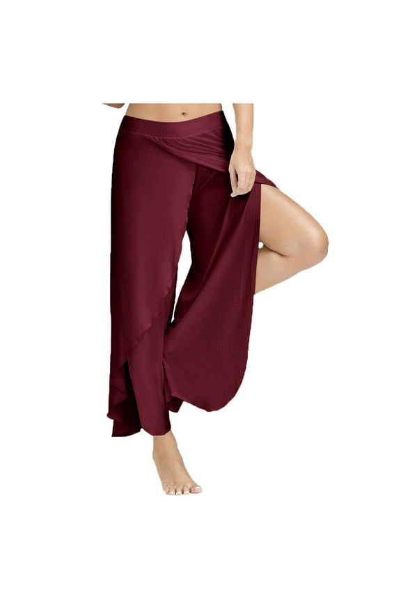 Women's Yoga Harem Pants Side Slit Joggers Active Workout Sweatpants Beach Cover-up Boho Wrap Flowy Pant Trouser (4X-Large, Wine)