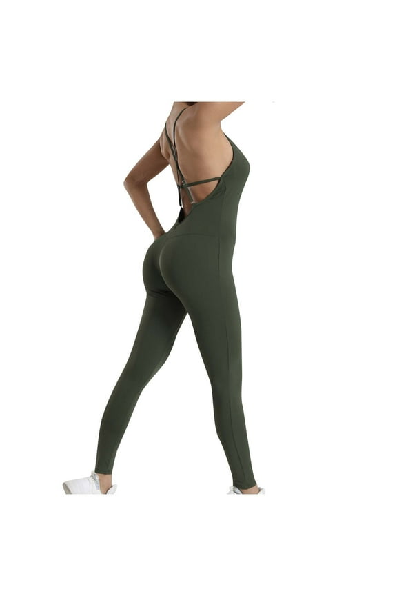 Women's Yoga Jumpsuits V Neck Slim Fitness Workout Gym Skinny Pencil Leg Onesie Back Bandage Hollow Out Tights Army Green,S