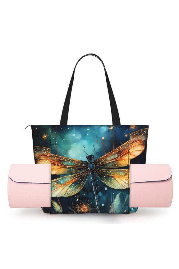 Women's Yoga Mat Tote Bag, Large Capacity Gym Shoulder Bag with Integrated Mat Holder for Studio Travel Beach, Dragonfly Art Dragonflies Painting Starry Sky