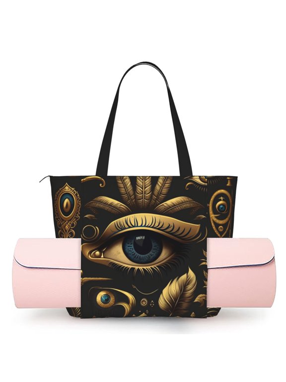 Women's Yoga Mat Tote Bag, Large Capacity Gym Shoulder Bag with Integrated Mat Holder for Studio Travel Beach, Egyptian Eyes Egypt Hieroglyphs Golden Vintage