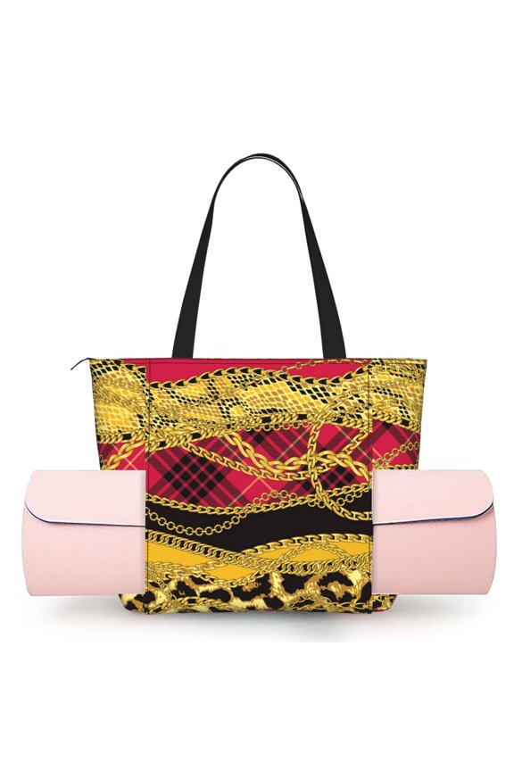 Women's Yoga Mat Tote Bag, Large Capacity Gym Shoulder Bag with Integrated Mat Holder for Studio Travel Beach, Gold Chains Leopard Snake Skin Scottish Tartan
