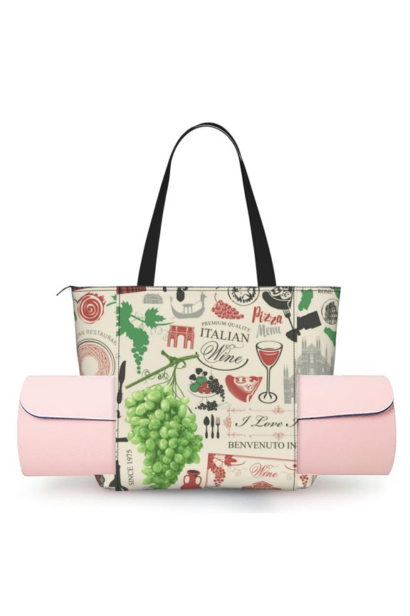 Women's Yoga Mat Tote Bag, Large Capacity Gym Shoulder Bag with Integrated Mat Holder for Studio Travel Beach, Italian Cuisine Italy VintageFood Wine Cafe Italy Bar European Europe