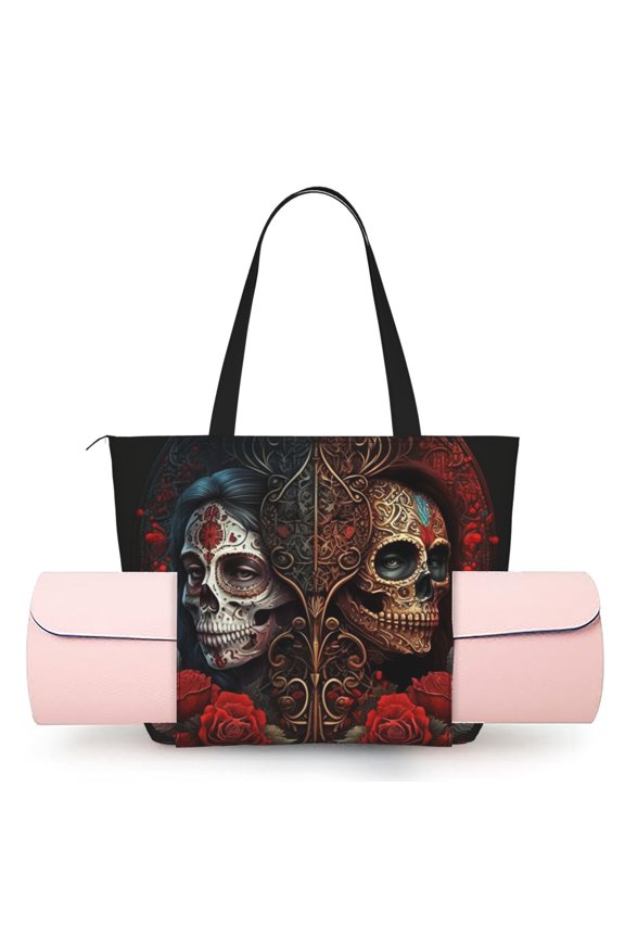 Women's Yoga Mat Tote Bag, Large Capacity Gym Shoulder Bag with Integrated Mat Holder for Studio Travel Beach, Skulls Lovers Day Of The Dead Red Roses