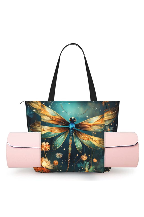 Women's Yoga Mat Tote Bag, Large Capacity Gym Shoulder Bag with Integrated Mat Holder for Studio Travel Beach, Dragonfly Flowers Retro Art