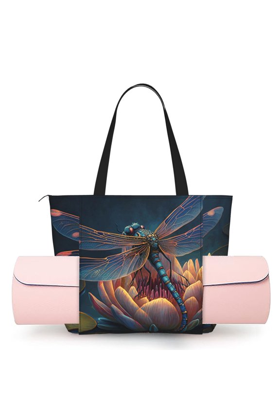 Women's Yoga Mat Tote Bag, Large Capacity Gym Shoulder Bag with Integrated Mat Holder for Studio Travel Beach, Dragonfly Lotus Cool Art