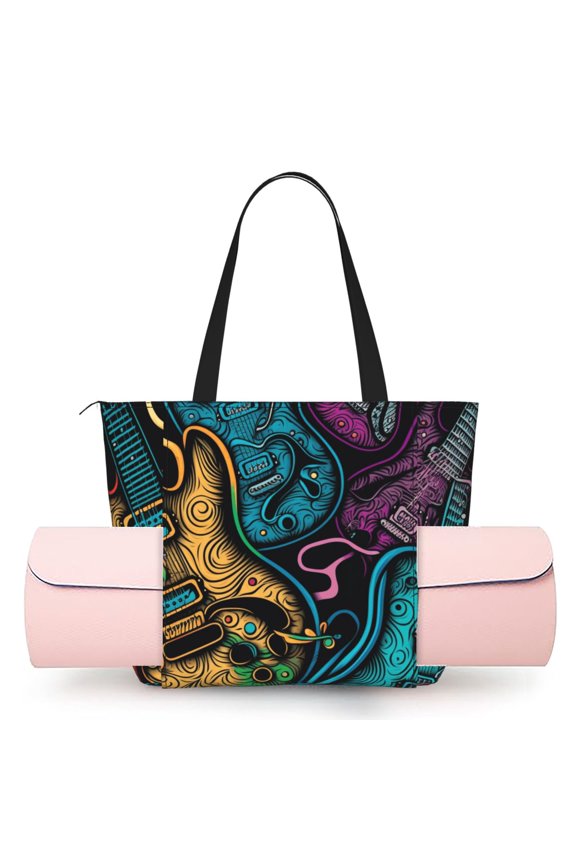 Women's Yoga Mat Tote Bag, Large Capacity Gym Shoulder Bag with Integrated Mat Holder for Studio Travel Beach, Electric Guitars Rock Music Colorful