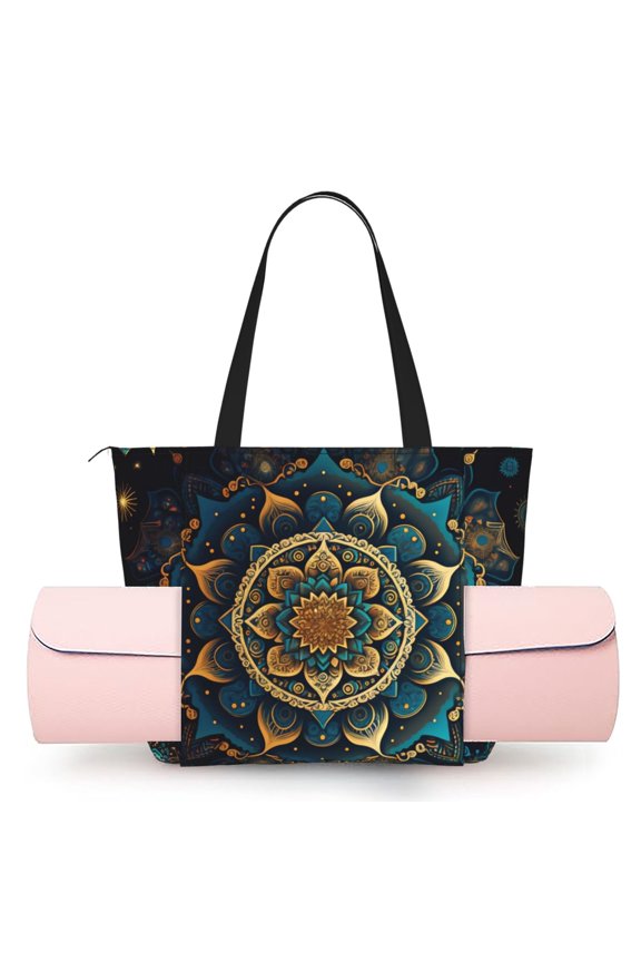 Women's Yoga Mat Tote Bag, Large Capacity Gym Shoulder Bag with Integrated Mat Holder for Studio Travel Beach, Ethnic Bohemian Mandala Geometric