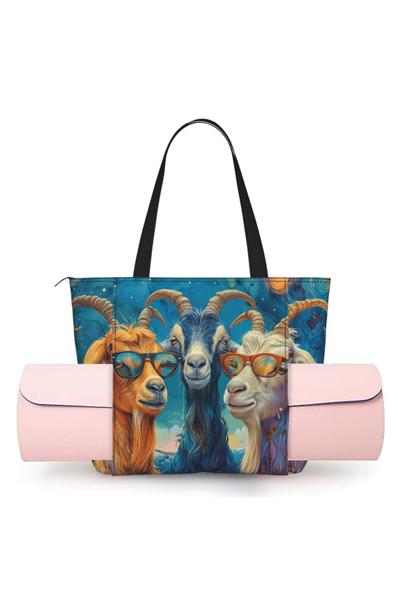 Women's Yoga Mat Tote Bag, Large Capacity Gym Shoulder Bag with Integrated Mat Holder for Studio Travel Beach, Funny Goat Family Psychedelic Art