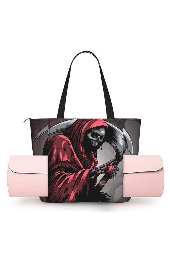 Women's Yoga Mat Tote Bag, Large Capacity Gym Shoulder Bag with Integrated Mat Holder for Studio Travel Beach, Gothic Death Skull Grim Reaper