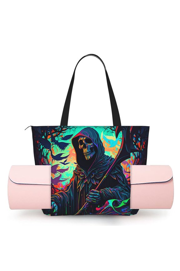 Women's Yoga Mat Tote Bag, Large Capacity Gym Shoulder Bag with Integrated Mat Holder for Studio Travel Beach, Grim Reaper Dark Psychedelic Death