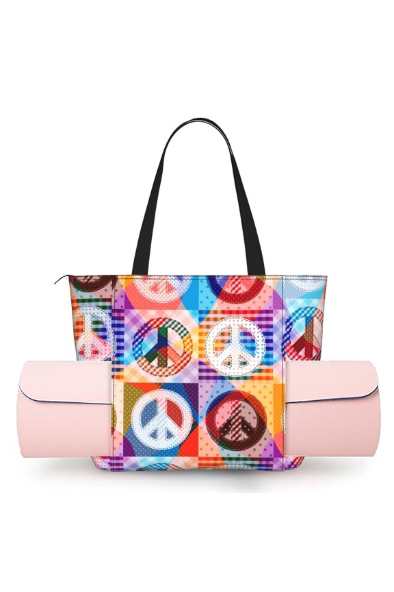 Women's Yoga Mat Tote Bag, Large Capacity Gym Shoulder Bag with Integrated Mat Holder for Studio Travel Beach, Hippy Peace Sign Hippie Patchwork