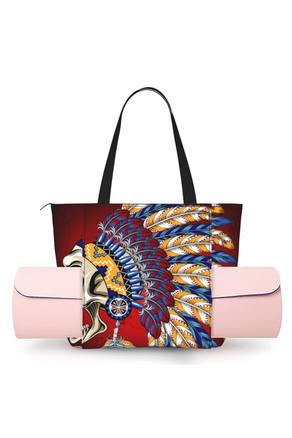 Women's Yoga Mat Tote Bag, Large Capacity Gym Shoulder Bag with Integrated Mat Holder for Studio Travel Beach, Indian Skull Tribal Chief