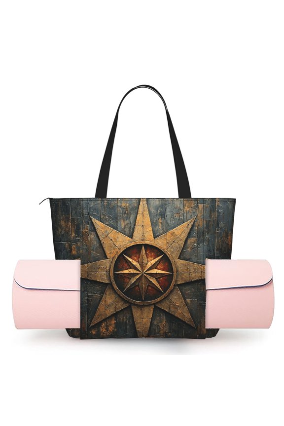 Women's Yoga Mat Tote Bag, Large Capacity Gym Shoulder Bag with Integrated Mat Holder for Studio Travel Beach, Magic Rune Stars