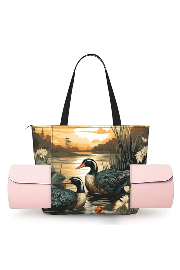 Women's Yoga Mat Tote Bag, Large Capacity Gym Shoulder Bag with Integrated Mat Holder for Studio Travel Beach, Mallards Duck Hunting Art Vintage
