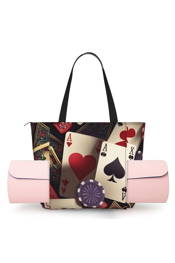Women's Yoga Mat Tote Bag, Large Capacity Gym Shoulder Bag with Integrated Mat Holder for Studio Travel Beach, Playing Poker Cards Casino Retro
