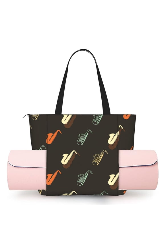 Women's Yoga Mat Tote Bag, Large Capacity Gym Shoulder Bag with Integrated Mat Holder for Studio Travel Beach, Saxophone Music Instrument Vintage
