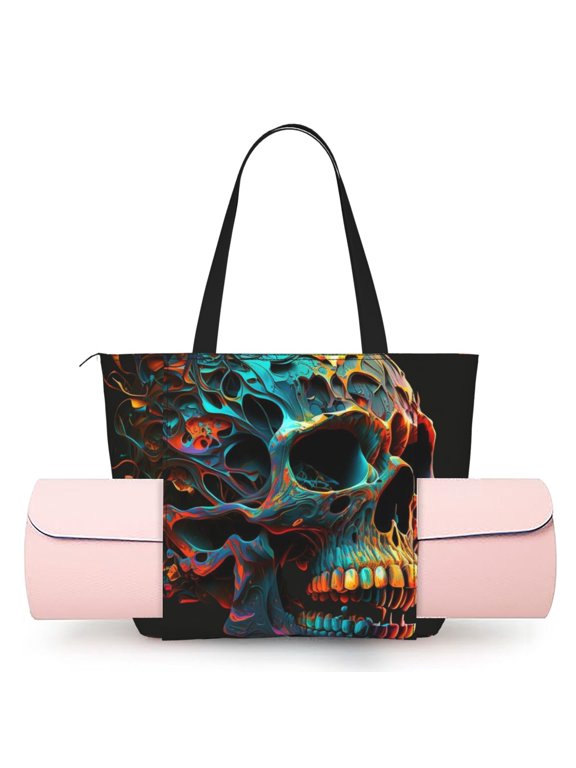 Women's Yoga Mat Tote Bag, Large Capacity Gym Shoulder Bag with Integrated Mat Holder for Studio Travel Beach, Skull Head Psychedelic Cool