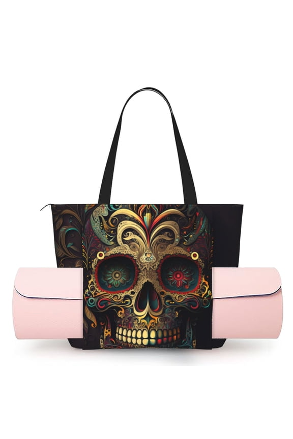 Women's Yoga Mat Tote Bag, Large Capacity Gym Shoulder Bag with Integrated Mat Holder for Studio Travel Beach, Sugar Skull Paisley Mexican Skulls