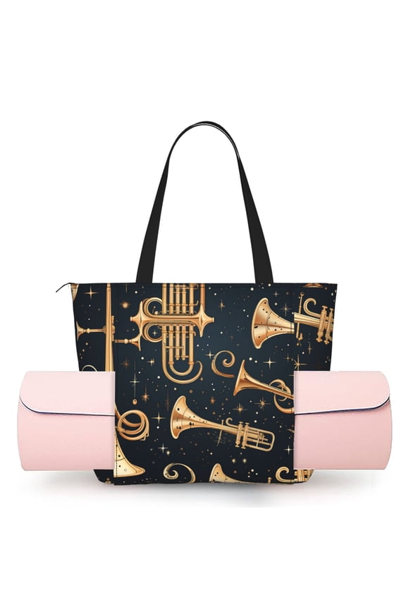 Women's Yoga Mat Tote Bag, Large Capacity Gym Shoulder Bag with Integrated Mat Holder for Studio Travel Beach, Trombone Musical Instruments Art