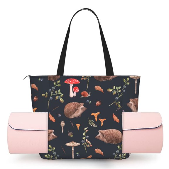 Women's Yoga Mat Tote Bag, Large Capacity Gym Shoulder Bag with Integrated Mat Holder for Studio Travel Beach, Watercolor Hedgehog Mushroom