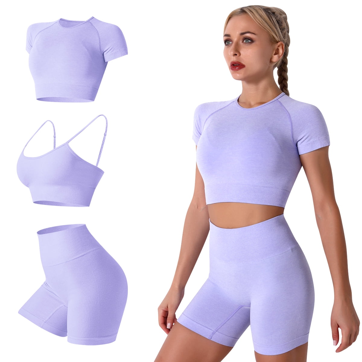 Women's Yoga Outfit Seamless Workout Set High Waist Exercise Short Pants  with Sport Bra Tracksuit Gym Tracksuits, 3-Piece 