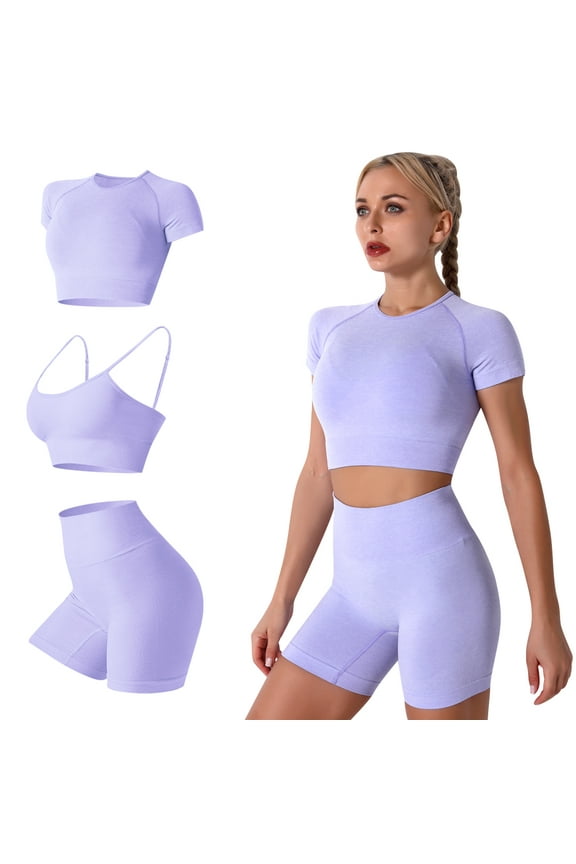 Women's Yoga Outfit Seamless Workout Set High Waist Exercise Short Pants with Sport Bra Tracksuit Gym Tracksuits, 3-Piece