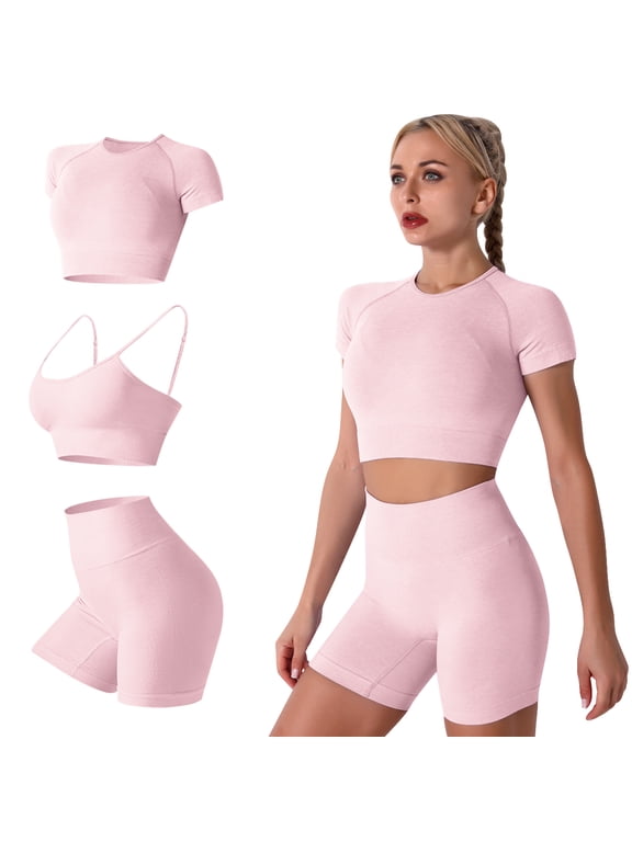 Women's Yoga Outfit Seamless Workout Set High Waist Exercise Short Pants with Sport Bra Tracksuit Gym Tracksuits, 3-Piece