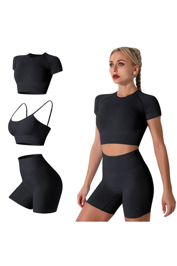 Women's Yoga Outfit Seamless Workout Set High Waist Exercise Short Pants with Sport Bra Tracksuit Gym Tracksuits, 3-Piece
