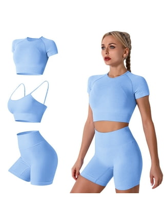 LA7 Ribbed Workout Sets for Women 2 Piece Gym Outfits Crop Tops High Waist  Running Biker Shorts Set (Small)