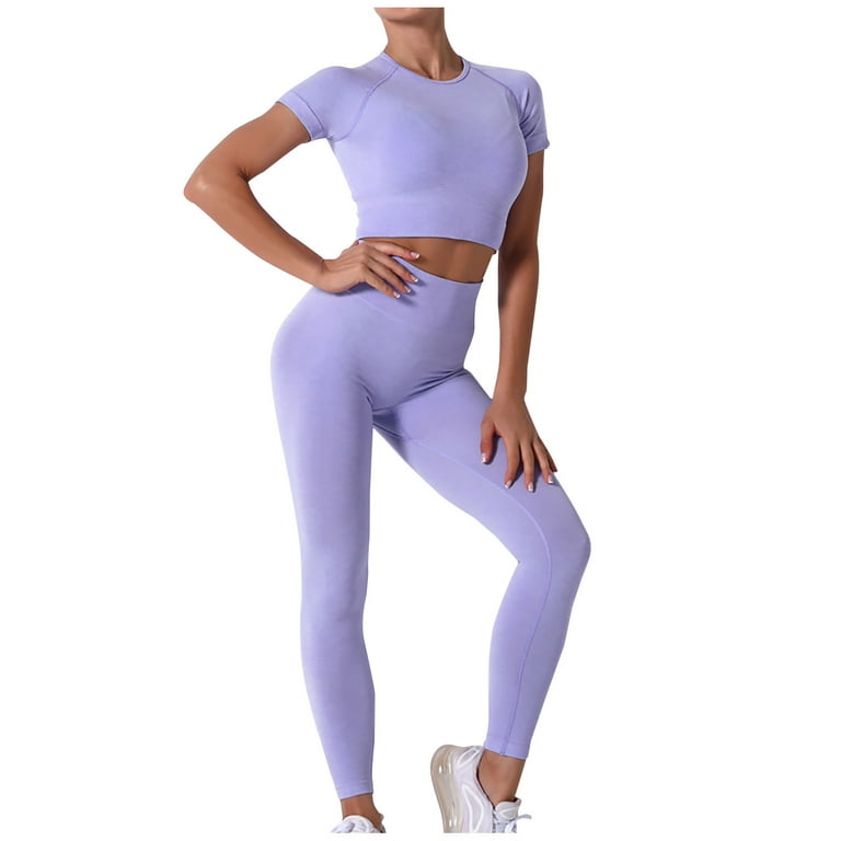 Women's Yoga Outfits 2 Piece Sets High Waisted Seamless Leggings with  Sports Bra Gym Clothes Sets Short Sleeve Tops Pants Workout Outfits 