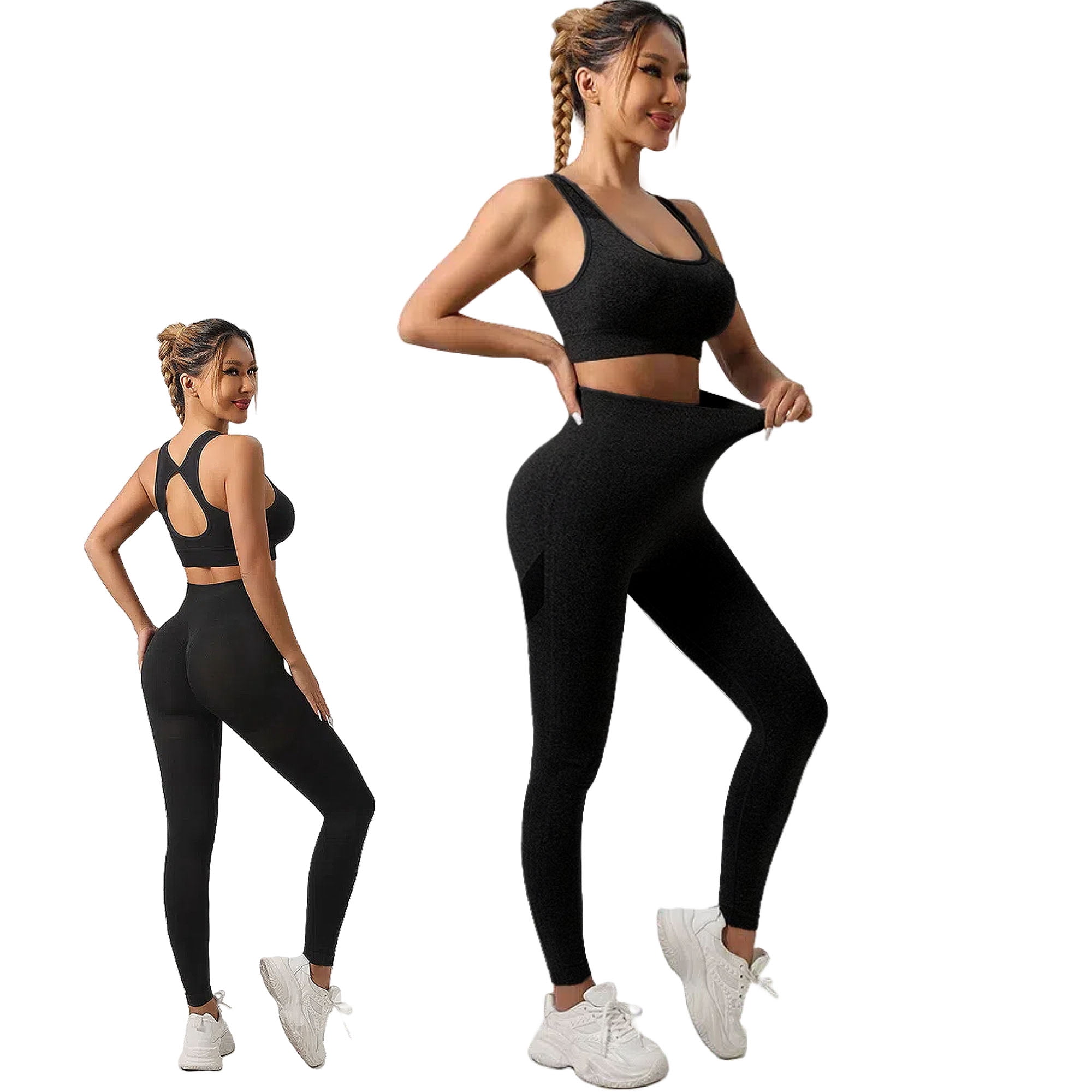 Women’s Yoga Outfits 2 Piece Sport Set High Waist Yoga Set Tank Top + High Waisted Running Short Pants Gym Clothes Tracksuit, Black, L