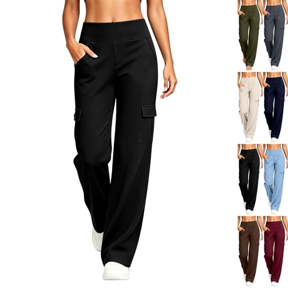 Women's Yoga Pants with 6 Cargo Pockets Wide Leg Cargo Pants Stretchy Soft Fabric Slim Fit, Pull On, Tummy Control Leggings, Wide Leg, Skinny, Comfort, Hiking Black S