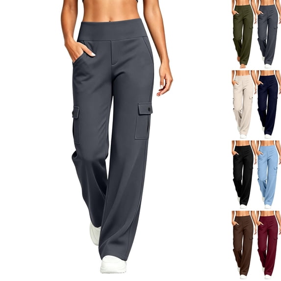 Women's Yoga Pants with 6 Cargo Pockets Wide Leg Cargo Pants Stretchy Soft Fabric Slim Fit, Pull On, Tummy Control Leggings, Wide Leg, Skinny, Comfort, Hiking Gray 2XL