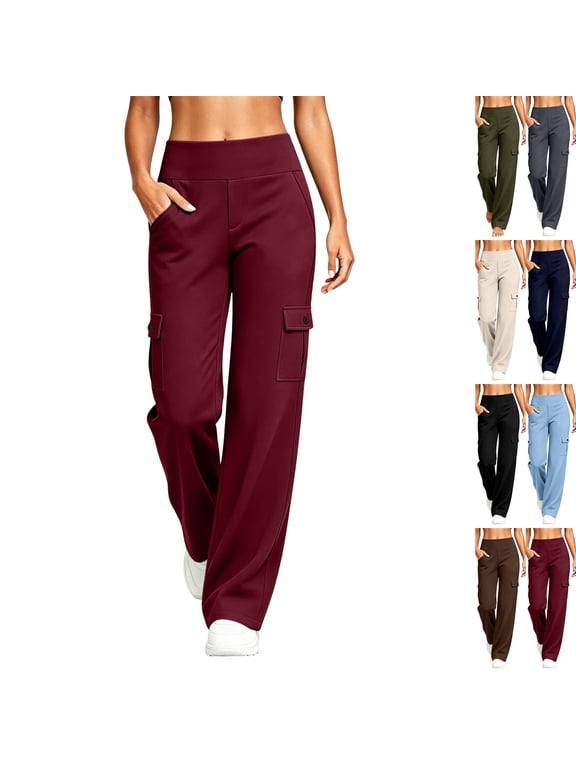 Women's Yoga Pants with 6 Cargo Pockets Wide Leg Cargo Pants Stretchy Soft Fabric Slim Fit, Pull On, Tummy Control Leggings, Wide Leg, Skinny, Comfort, Hiking Wine S