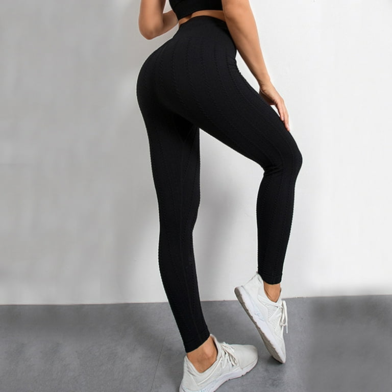 Women's Yoga Pants Cross-border Muscle Texture Seamless Tights Solid Color  Sports Trousers Black S 