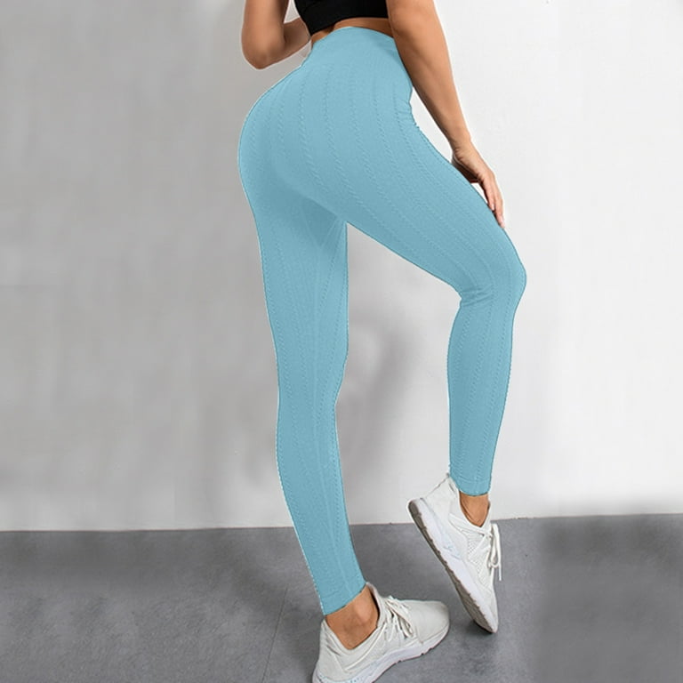 Women's Yoga Pants Cross-border Muscle Texture Seamless Tights Solid Color  Sports Trousers Light Blue L 