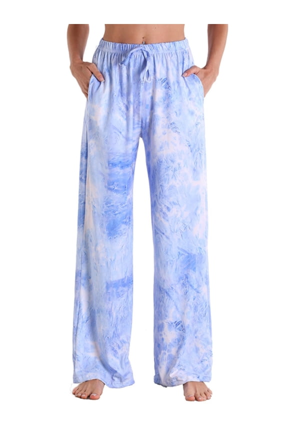 Women's Yoga Pants High Waisted Drawstring Wide Leg Workout Pants with Pockets,Tie Dye Full Length Bootleg Flare Pants Workout Running Pants Jogger Sweatpants Pajamas Bottom,XS-2XL Blue