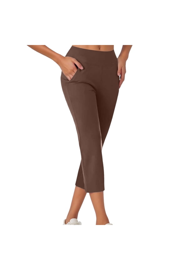 Women's Yoga Pants - Work Dressy, Solid Color, Slim Capris, Elastic High Waist, Pockets