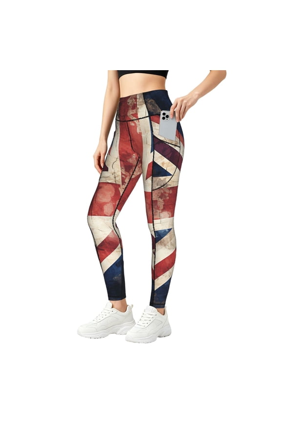 Women's Yoga Pants Workout Leggings 4-Way Stretch Athletic Gym Tights, Union Jack UK Flag Vintage
