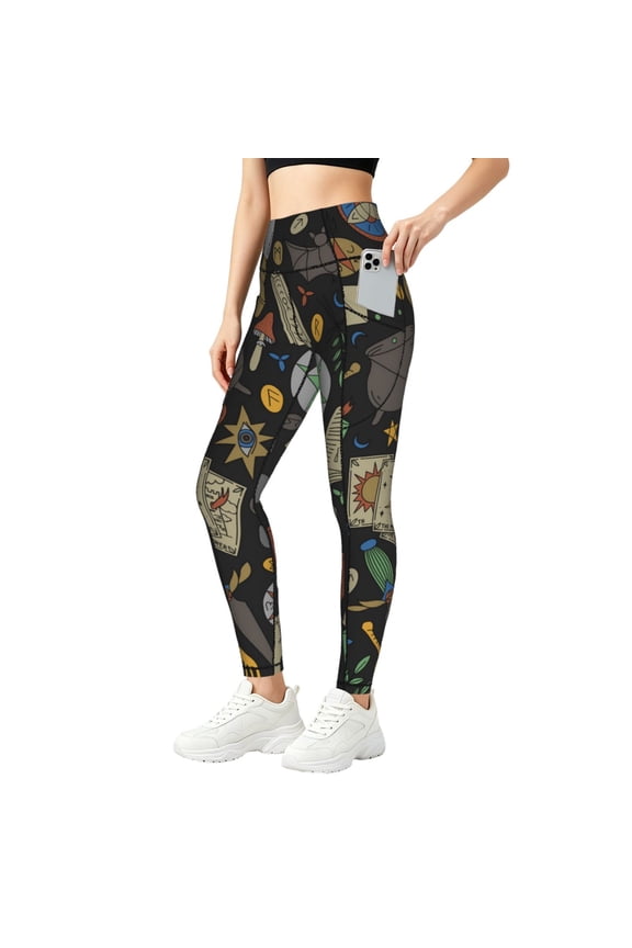 Women's Yoga Pants Workout Leggings Tummy Control Athletic Gym Tights, Magic Skull Pentagram Witches Tarot