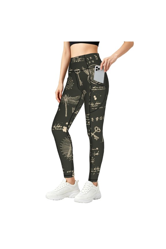 Women's Yoga Pants Workout Leggings Tummy Control Athletic Gym Tights, Pentagram Occult Abstract Vintage