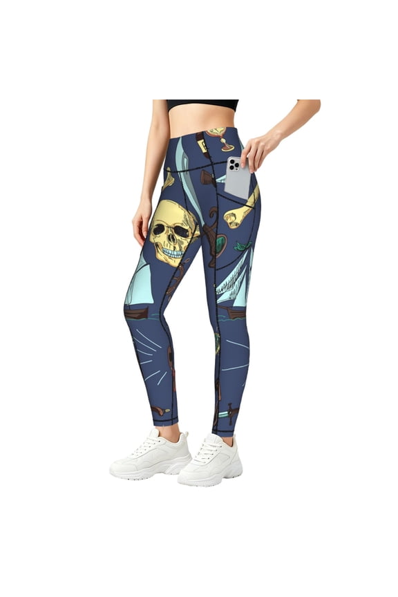 Women's Yoga Pants Workout Leggings Tummy Control Athletic Gym Tights, Pirates Skull Map Treasure Vintage
