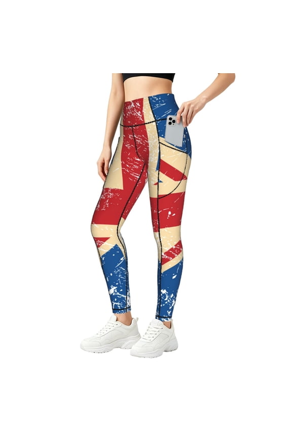Women's Yoga Pants Workout Leggings Tummy Control Athletic Gym Tights, Union Jack Uk Flag Retro