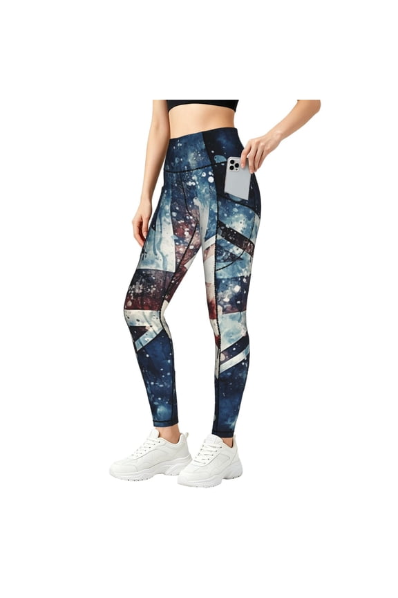 Women's Yoga Pants Workout Leggings Tummy Control Athletic Gym Tights, Union Jack Vintage UK Flag Starry