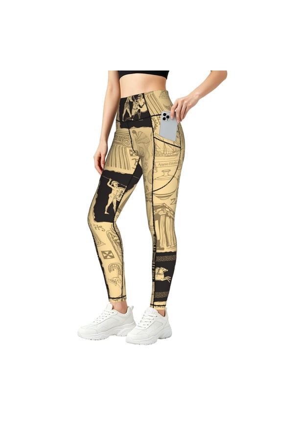 Women's Yoga Pants with Pocket for Athletic Running Workout Gym Jogging, Ancient Greece Mythology Retro