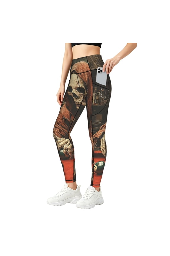 Women's Yoga Pants with Pocket for Athletic Running Workout Gym Jogging, Grim Reaper Funny Billiards Vintage