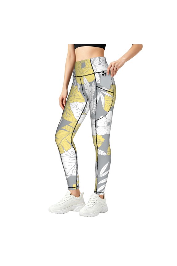Women's Yoga Pants with Pocket for Athletic Running Workout Gym Jogging, Light Yellow Grey Tropical Floral